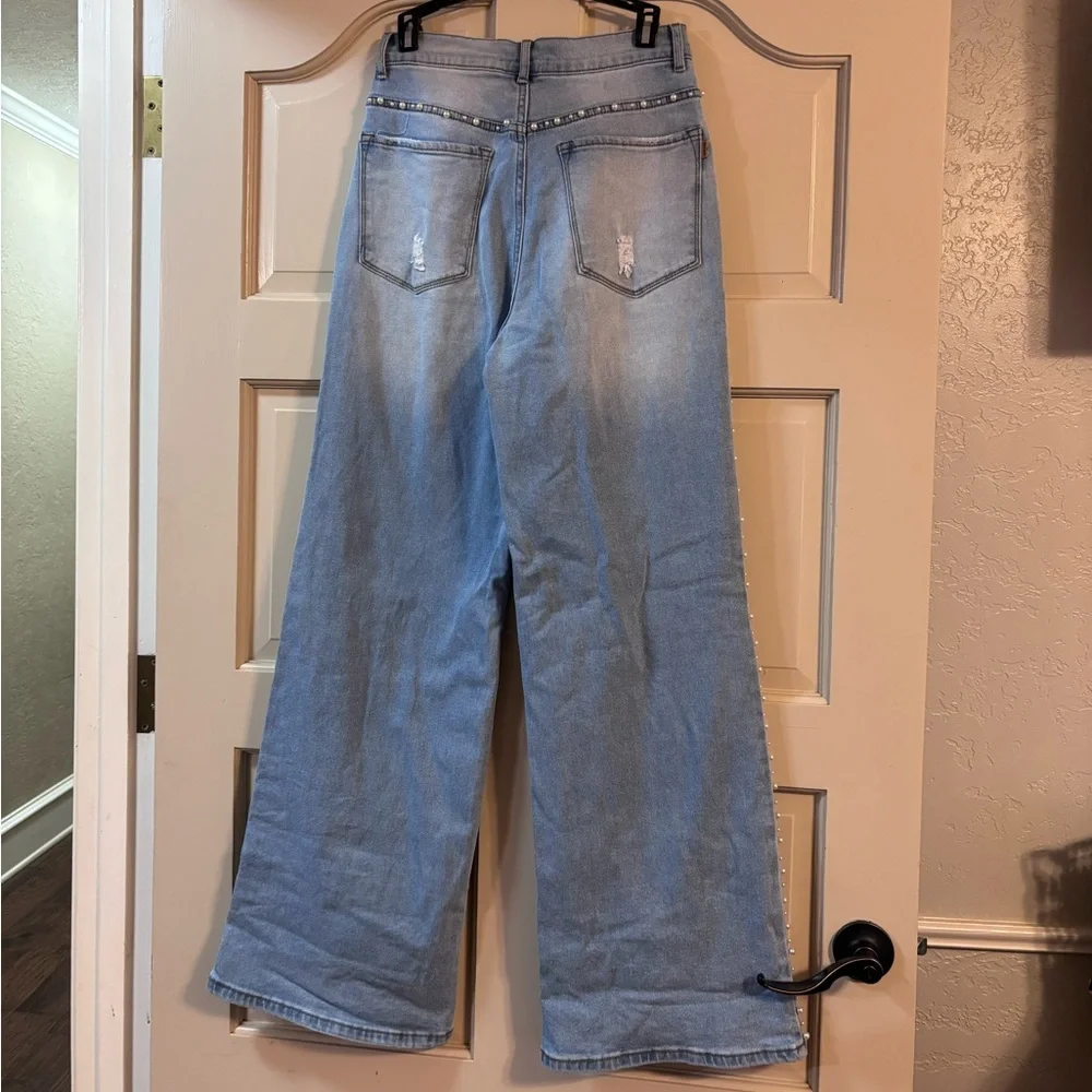 Light Blue Wide Leg Jeans with Side Stud Detail